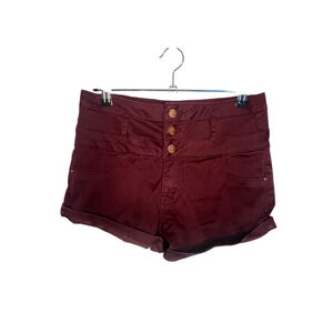 Refuge Burgundy Stretchy High Waisted Button Fly Shorts Cuffed Hem